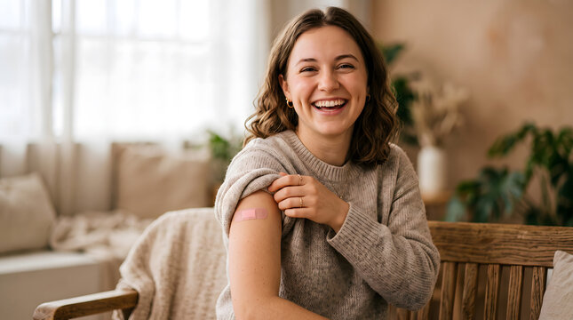 Smiling young woman showing adhesive bandage on her upper arm after getting vaccinated or receiving a shot at a healthcare clinic office.