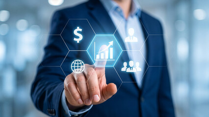 Obraz premium Businessman touching digital screen with financial growth chart and business icons