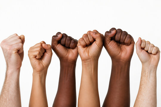 A row of diverse hands with clenched fists against a white background.