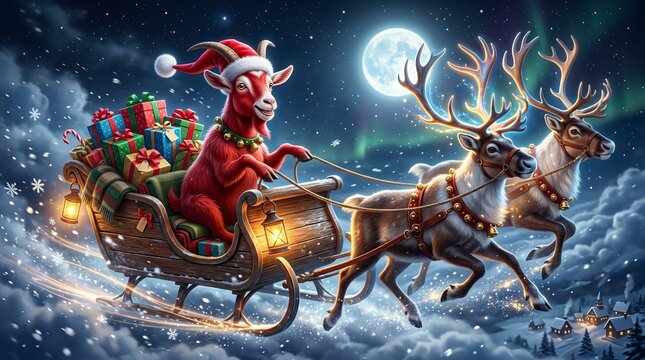 Cheerful red goat driving sleigh full of presents in a snowy night sky with magical reindeer