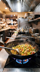Obraz premium Peruvian Chaufa Rice cooking in wok at modern restaurant kitchen