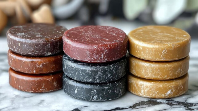 Three stacks of solid shampoo bars in various earthy colors, neatly arranged on a marble surface with a blurred background.