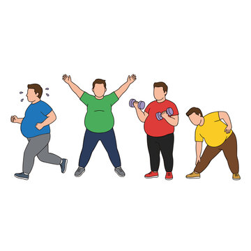 Set of overweight men exercising, running, stretching, and lifting weights, illustrating health and fitness challenges, body positivity, and