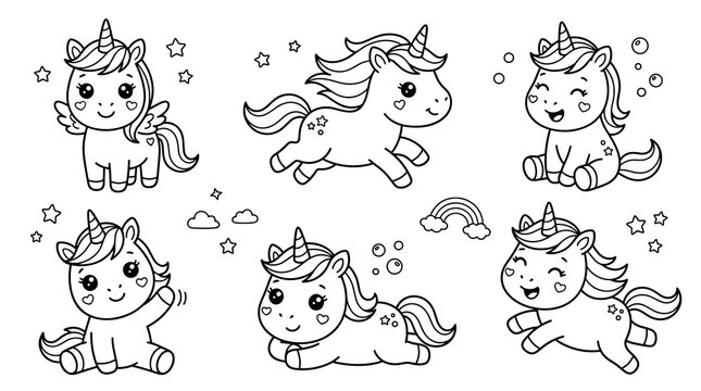 Set of baby unicorn characters in simple line drawing style, including stars and rainbow elements for magical kids party decoration