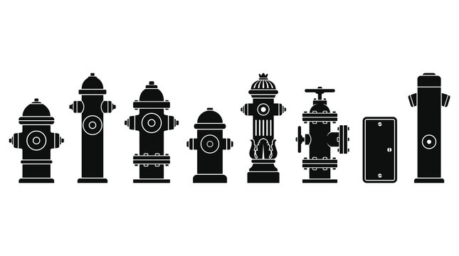 Set of fire hydrant silhouettes in various styles, urban safety equipment, water supply infrastructure for emergency firefighting and city planning
