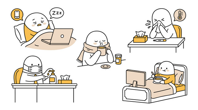 Set of illustrations depicting common cold symptoms and self-care, including resting, sneezing, taking medicine, and using a laptop while sick
