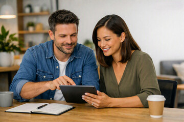 Obraz premium Couple Reviewing Information Together on Digital Tablet