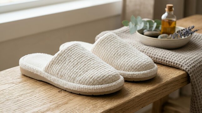 Still life composition of two identical cushioned spa footwear items made of plush woven material positioned side by side on a neutral surface slippers bath white terry cloth footwear hotel spa