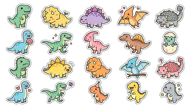 Collection of Cute Cartoon Dinosaurs in Various Poses and Species.