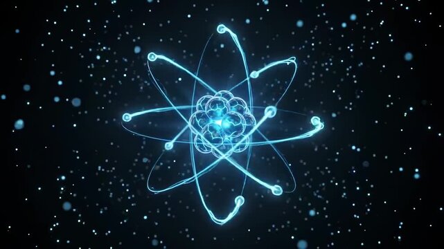 Abstract glowing blue atom model with particle trails