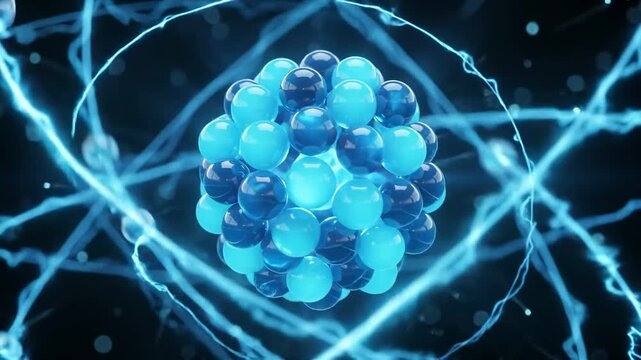 Blue glowing atom model with orbiting electrons in dark space