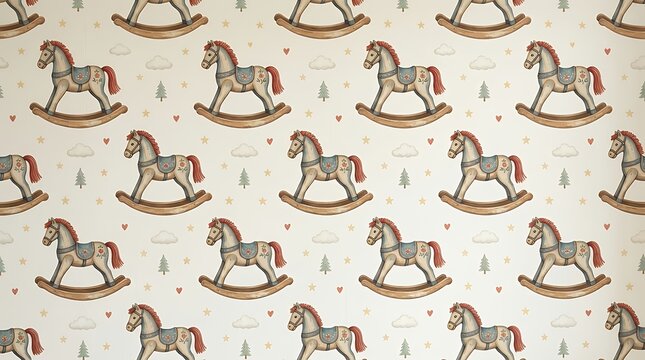 Nostalgic Wooden Rocking Horse Toy Repeat Wallpaper Print Motif for Childhood Nursery Textiles rocking horse pattern seamless background backdrop wallpaper textile fabric nursery kids baby child toy