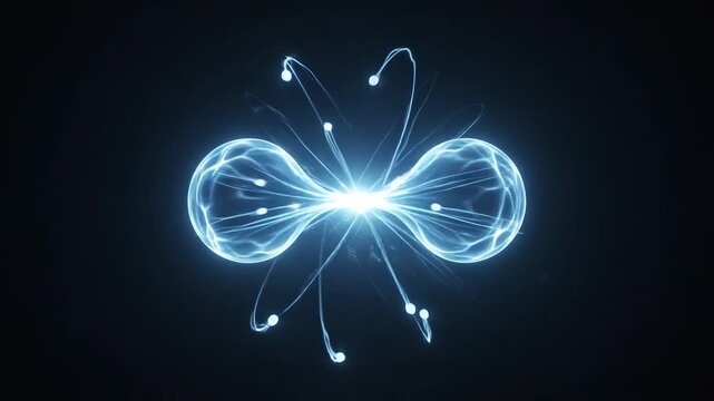 Stylized nuclear fission process with glowing blue energy