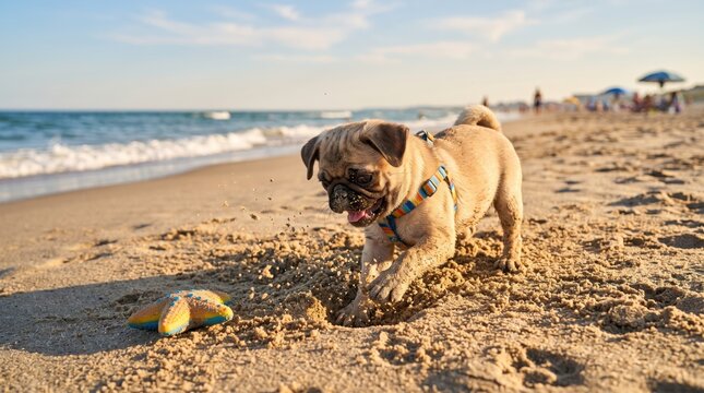 pug dog playing and digging in the sand on a sunny beach near the ocean