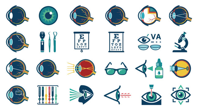 Medical Optometry Ophthalmology Flat Icon Set for Eye Care and Vision Health Vectors