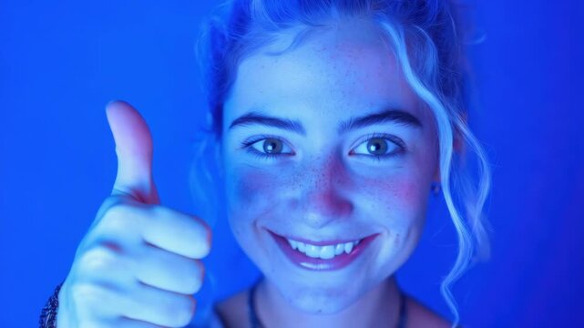 Smiling woman giving thumbs up