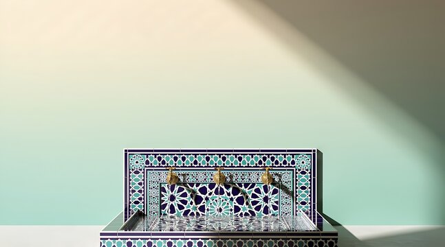Beautiful Moroccan mosaic zellij fountain with three gold faucets and elegant blue geometric patterns