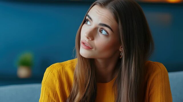 A young woman with brown hair wears a yellow sweater and looks down while seated. She has a thoughtful expression.