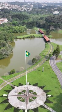 Tingui Park In Curitiba Parana Brazil. Aerial View Of Green Space Surrounded By Lush Forest Trees. Downtown Cityscape. District Skyline. Curitiba Parana.