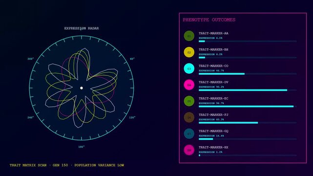 Digital gene editing processes displayed in glowing interface panels showing rotating radar graphs and varying statistic levels as numerical data shifts across dark screen space