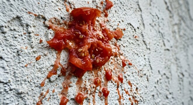 High-detail cinematic photo of a smashed ripe red tomato splattered against a rough white stucco wall, juicy pulp and drips, digital AI illustration