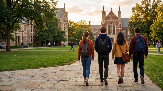 University students walking on campus path towards college building