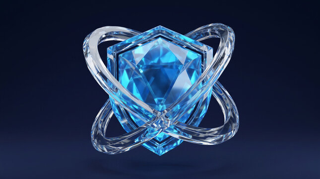Abstract crystalline shield glowing blue with interlocking refraction rings for cybersecurity encryption data protection technology infrastructure navy backdrop