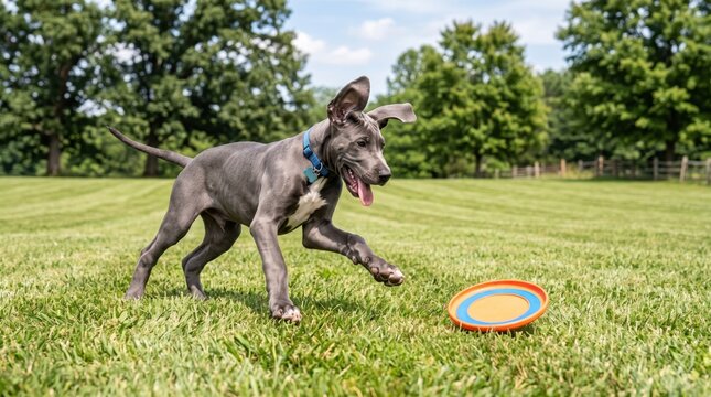 black great dane puppy running to catch a colorful flying disc in a green grassy park