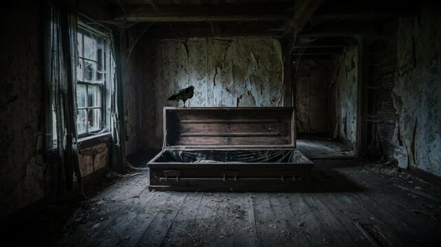 Raven perched on an open wooden casket