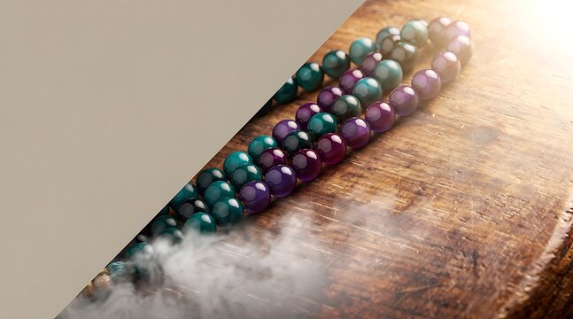 Colorful Tasbih Misbaha Prayer Beads on Rustic Wooden Table with Spiritual Glowing Light Effect