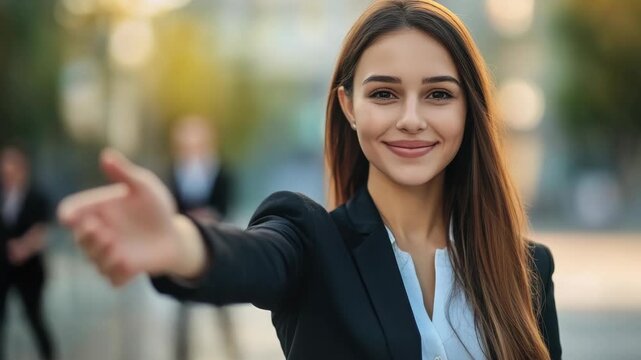 The depicts a friendly businesswoman extending her arm, inviting someone to approach. She wears a professional suit and a warm smile.