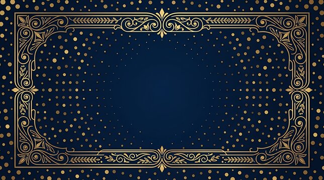 Luxurious Gold Polka Dots On Deep Navy Blue Backdrop Featuring Elegant Frame Border Design With Copy Space gold golden dots dot polka blue navy dark background backdrop frame border abstract luxury
