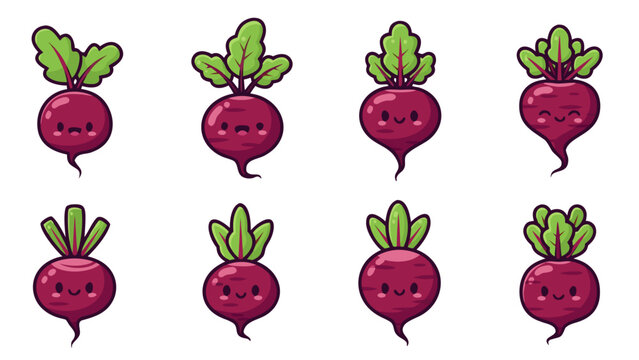 Cute cartoon beet illustrations with happy faces and green leaves