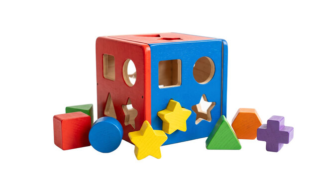 Wooden Shape Sorter Toy Cube with Colorful Geometric Blocks for Early Childhood Education PNG Isolated on transparent background