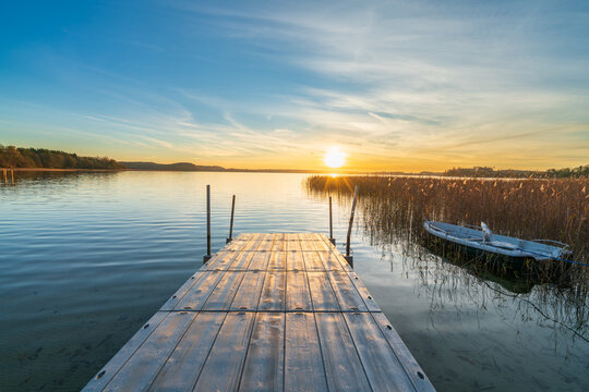 Sunset hour at Lubikowo lake in Poland. Europe 