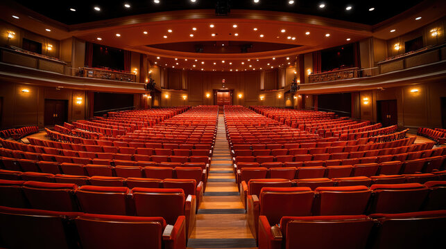 Empty Grand Theater Auditorium with Rows of Red Seats and Stage Lights