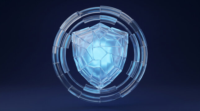 Crystalline glass protective shield icon glowing with blue light surrounded by geometric refraction rings for cybersecurity data privacy safety concept on dark navy background
