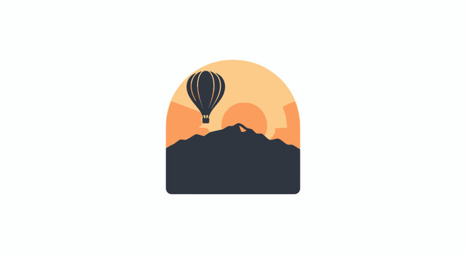Hot air balloon silhouette flying over mountain at orange sunset vector arch badge illustration, dusk landscape and adventure flight concept