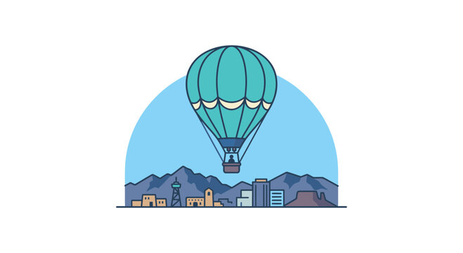 Big green hot air balloon flying over city skyline and mountain range vector arch illustration, urban tourism and flight travel badge