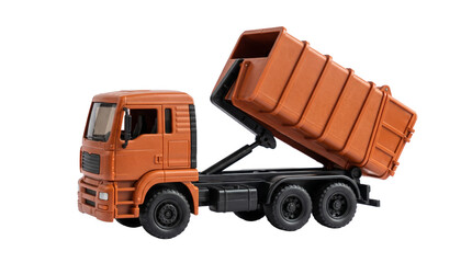 Fototapeta premium Orange toy garbage truck with raised dumpster bed PNG Isolated on transparent background