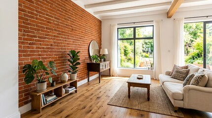 Fototapeta premium Modern Bright Living Room Interior with Exposed Red Brick Wall, Wooden Floor and Garden View