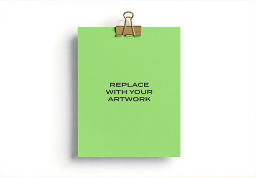 Vertical paper mockup held by a gold binder clip on white background, realistic presentation template for artwork branding and print display, stationery design, document layout, office