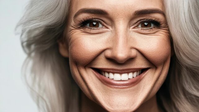 A high-resolution featuring a woman with a warm smile and detailed skin texture.
