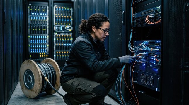 Network architect inspects fiber patch cords and server racks in a data center, with a subsea cable spool and cooled switch cabinet.