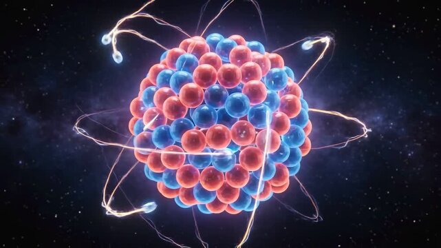 Glowing atomic nucleus with orbiting electrons in space