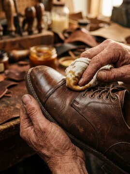 Cobbler polishing brown leather shoe with cloth in workshop. Experienced artisan hand cleaning footwear. Traditional shoe repair and restoration craft concept. High quality leather care.