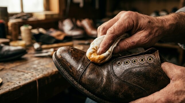 Cobbler cleaning leather shoe with cloth in workshop. Professional shoemaker polishing vintage boot for maintenance. Artisan restoration craft and footwear repair industry concept.
