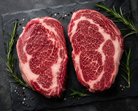 Two raw marbled ribeye steaks resting on a black stone board with fresh green rosemary sprigs