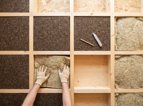 Worker installing natural insulation material into a wooden wall frame. Professional construction process of thermal heat shielding. Eco friendly home renovation and building energy efficiency.