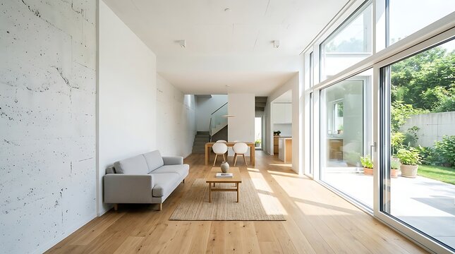 Modern Minimalist Living Room Interior with Gray Sofa, Wooden Floors and Large Glass Garden Doors